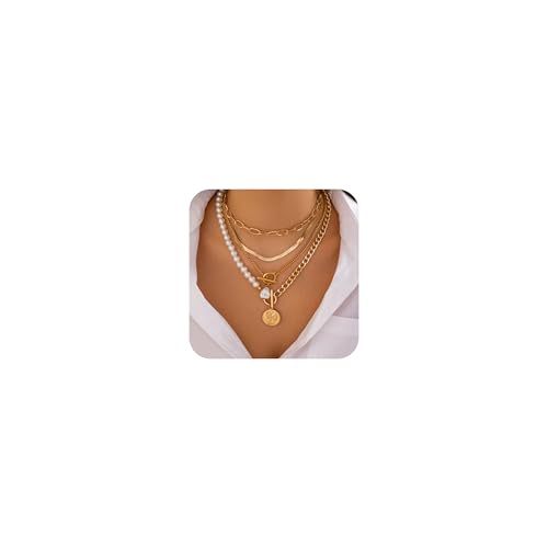 Gold Layered Necklaces for Women Chunky Layered Gold Necklaces Stacked Paperclip Chain Pearl Necklace Herringbone Toggle Clasp Choker Trendy Statement Jewelry Gifts - color: A8:chunky gold necklaces