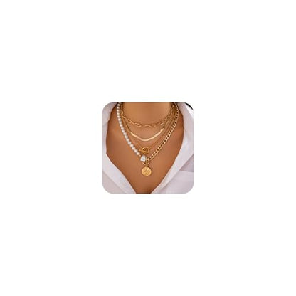 Gold Layered Necklaces for Women Chunky Layered Gold Necklaces Stacked Paperclip Chain Pearl Necklace Herringbone Toggle Clasp Choker Trendy Statement Jewelry Gifts - color: A8:chunky gold necklaces