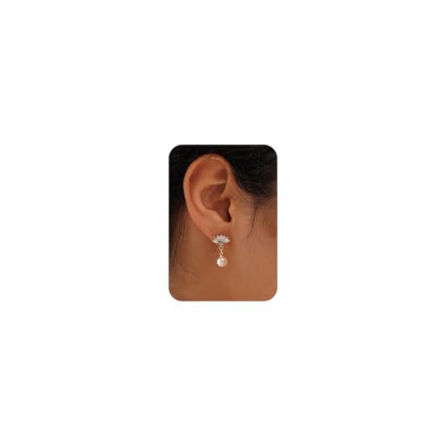 Plenky Pearl Earrings-14K Gold Plated Dainty Pearl Drop Simple Wedding CZ Dangle Dangling Cute Stud Earrings for Brides Earrings for Women Gifts - style: Fan-Shaped Zirconia Pearl Earrings