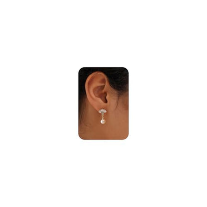 Plenky Pearl Earrings-14K Gold Plated Dainty Pearl Drop Simple Wedding CZ Dangle Dangling Cute Stud Earrings for Brides Earrings for Women Gifts - style: Fan-Shaped Zirconia Pearl Earrings