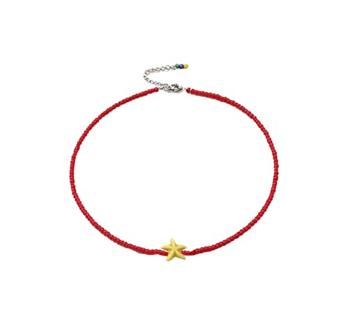 Seed Bead Choker Necklace for Women Bohemian Tiny Beads Choker Colorful Rice Bead Starfish Choker Summer Surfer Beach Necklace Jewelry Gift - color: Red