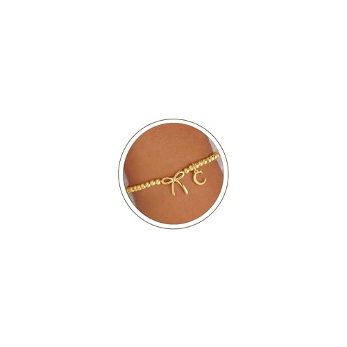 M MOOHAM Bow Initial Bracelets for Women Girls, Letter A-Z Beaded Bracelet | 14K Gold Plated, Bow Bracelets for Girls, Gold Bracelet, Beaded Initial Bracelet, Birthday Gift for Teen Girl Jewelry - color: C