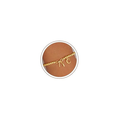 M MOOHAM Bow Initial Bracelets for Women Girls, Letter A-Z Beaded Bracelet | 14K Gold Plated, Bow Bracelets for Girls, Gold Bracelet, Beaded Initial Bracelet, Birthday Gift for Teen Girl Jewelry - color: C