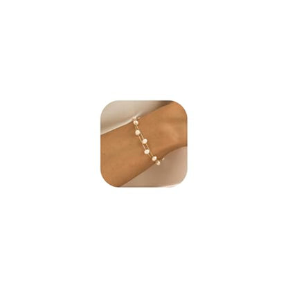 BERISO Gold/Silver Pearl Bracelets - 14K Gold Plated Dainty Pearls Beaded Chain Heart Bracelets - style: 2layer Pearl-Gold