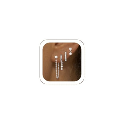 Gold Silver Earrings for Women Trendy 14K Gold Plated Dangle Hypoallergenic Cartilage Earrings Small 925 Sterling Silver Post Dainty Hoop Drop Pearl Earring Stacks Set Huggie Chain Earrings Jewelry - color: A-Pearl Earrings-Sliver