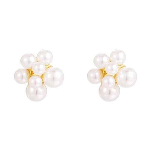 Gold Plated Pearl Flower Stud Earrings for Women - Faux Pearl Cluster Statement Earrings, Hypoallergenic Floral Studs, Elegant Jewelry for Wedding & Everyday Wear