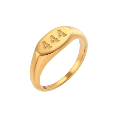 PAURO Women's Oval Angel Number Rings 111 222 333 444 555 666 777 888 999 | Stainless Steel Signet Style, Gold Plated Spiritual Statement Band, Numerology Jewelry Gift - color: Gold-444