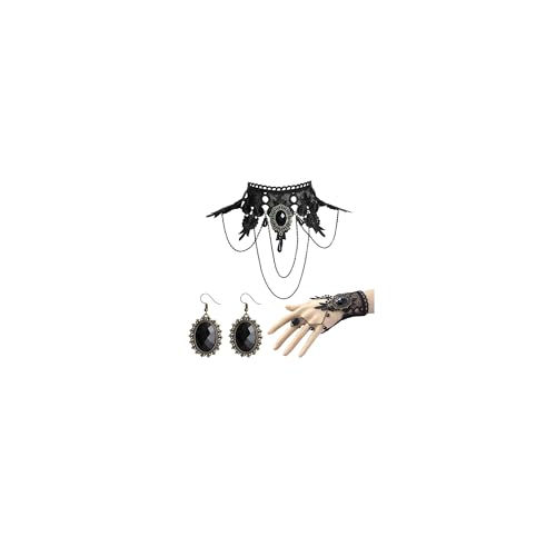 HUASAI Gothic Jewelry Set for Women, Black Lace Choker Necklace Earrings Bracelet Ring Set, Halloween Costume Accessories for Witch Vampire Outfits, Vintage Goth Party Jewelry - color: A Black Choker