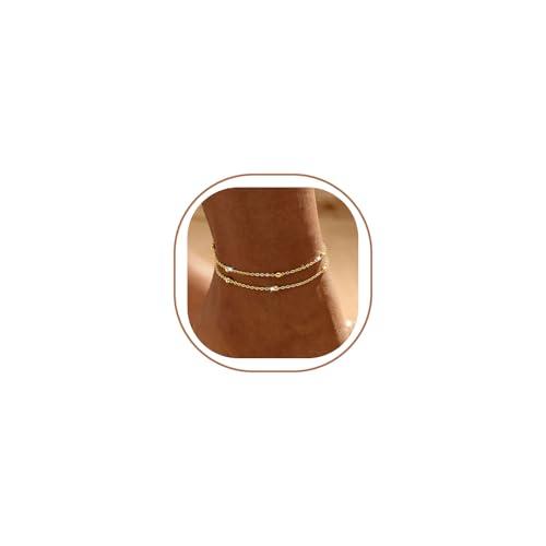 Warshion Ankle Bracelets for Women - 14K Gold Plated Waterproof Gold Anklet Delicate Chain Women's Anklets Summer Beach Pearl Jewelry Layering Gift Non Tarnish - style: ANKLETS-F