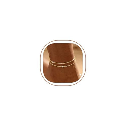 Warshion Ankle Bracelets for Women - 14K Gold Plated Waterproof Gold Anklet Delicate Chain Women's Anklets Summer Beach Pearl Jewelry Layering Gift Non Tarnish - style: ANKLETS-F