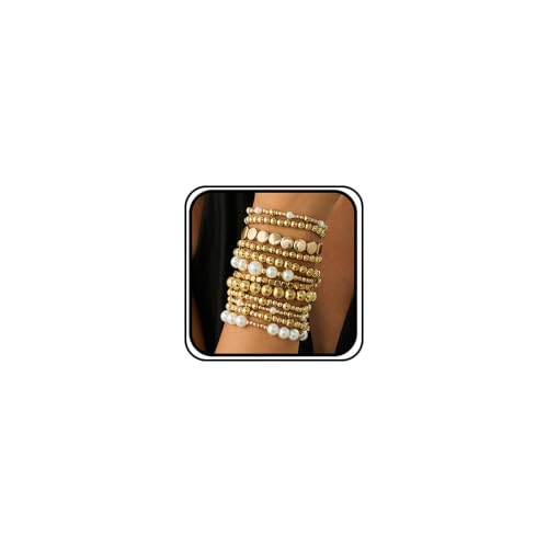 wekicici Golden Bracelet for Women Gold Plated Layered Beads Ball Bracelets Stackable Faux Pearl Bead Bracelet Set Fashion Adjustable Bracelet Set Jewelry for Gifts