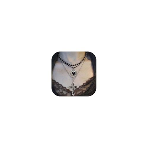 Gothic Necklaces for Women Cross Heart Pendant Layered Necklace Statement Jewelry Dark Romantic Gift for Halloween Parties - color: A:black
