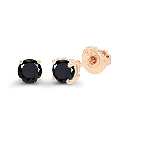 14K Gold Plated 925 Sterling Silver Hypoallergenic 4mm Round Genuine Birthstone Solitaire Screwback Stud Earrings - color: Onyx