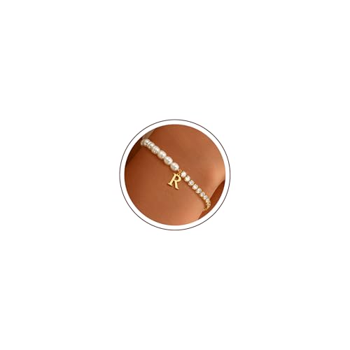 Ritach Gold Bracelets for Women Girls - 14K Gold Plated Freshwater Pearl Bracelet Dainty Gold Initial CZ Tennis Bracelets for Women Girls Pearl Jewelry Birthday Wedding Bridesmaid Gifts - style: R