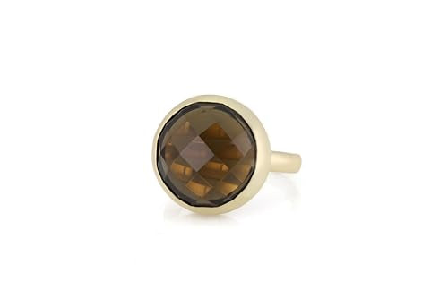 Smoky Quartz Bezel Ring - Solid Yellow Gold Statement Jewelry - Dark Brown Gemstone