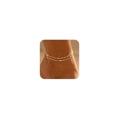 ASCOMY Ankle Bracelets for Women 14K Gold/Silver Plated Anklets for Women Waterproof Layered Cute Beads Dot Shining Twist Rope Chain Pearl Bar Link Heart Anklets Summer Beach Foot Chain Jewelry Gifts - style: Beads Link-GD