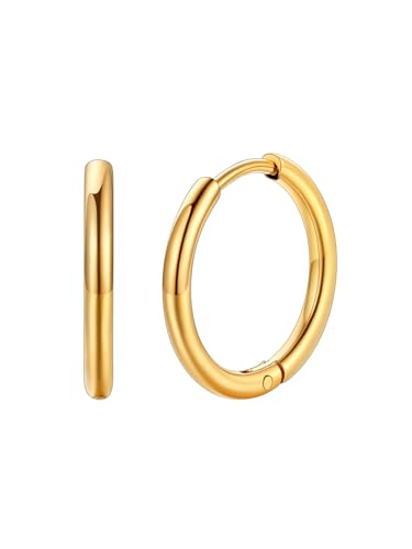 FaithHeart Stainless Steel Black/Silver/Gold Huggie Hoop Earrings for Men | Hypoallergenic Small Hoop Earrings Lightweight Sleeper Earrings Waterproof Cartilage Piercing Jewelry Gift 8-16mm - color: Gold-Round, size: Diameter 14mm