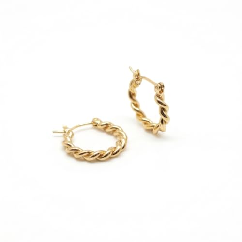 SUENA BARCELONA 14K Gold Plated Twisted Hoop Earrings for Women – 15mm (0.6”) Small Dainty Chunky Hoops, Lightweight Hypoallergenic Rope Huggie Earrings, Secure Snap Closure | Spain Mediterranean Style, Elegant Gift for Her