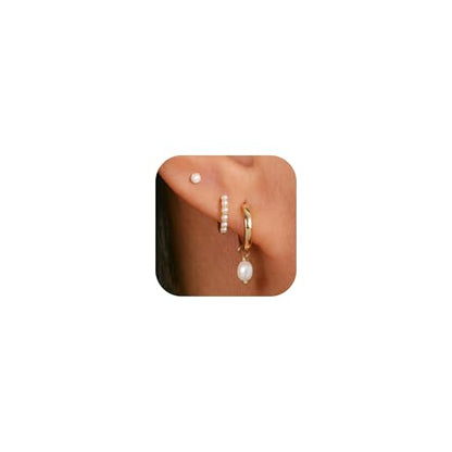 3 Pairs Earring Stacks, Gold Earring Set Jewelry Gift for Women | Small, 14K Gold/White Gold/Black/Rose Gold Plated, Hypoallergenic, Her, Everday, Stackable, Simple, 3 Holes - color: Gold-Pearl