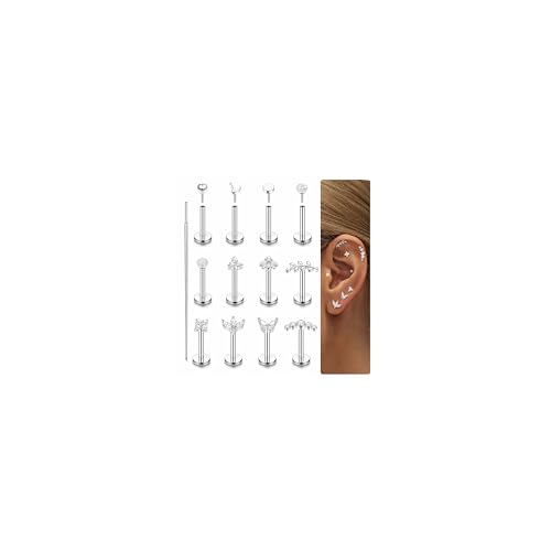 Fansilver 14K Gold Plated Threadless Flat Back Earrings for Women Men 316L Surgical Steel Push in Nose Piercings Lip Rings CZ Nostril Helix Conch Medusa Tragus Piercing Jewelry 16/18/20G - color: Silver Plated, size: 16G:6mm