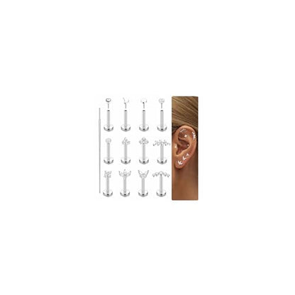 Fansilver 14K Gold Plated Threadless Flat Back Earrings for Women Men | 316L Surgical Steel Push in Nose Piercings Lip Rings,CZ Nostril Helix Conch Medusa Tragus Piercing Jewelry,16/18/20G,6/8mm - color: Silver Plated, size: 16G:6mm
