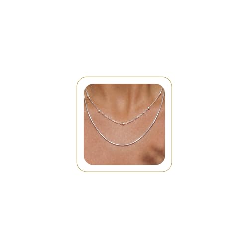 Tewiky Layered Necklaces for Women 14k Gold Plated Chain Necklace Set | Chunky Herringbone/Snake/Rope/Box/Cuban Link Chain for Women, Layering Stack Choker Necklace, Dainty Jewelry Set Non Tarnish - color: Layered Bead Silver