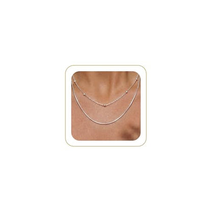 Tewiky Layered Necklaces for Women 14k Gold Plated Chain Necklace Set | Chunky Herringbone/Snake/Rope/Box/Cuban Link Chain for Women, Layering Stack Choker Necklace, Dainty Jewelry Set Non Tarnish - color: Layered Bead Silver