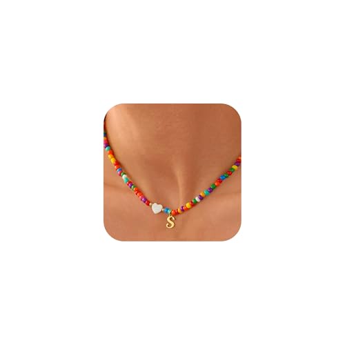 Fashionable Gifts for Teenagers -Unique Colorful Initial Necklaces for Girls Women Kids, Teen Girls Gifts Trendy Stuff Beaded Initial A-Z Necklace Dainty Letter Choker Necklace for Girl Gift Jewelry - color: S