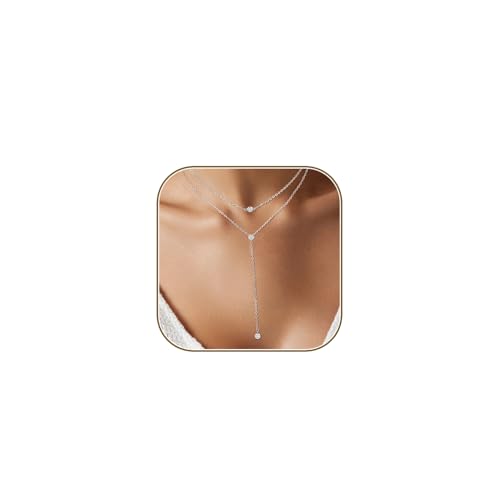 HERIER Lariat Gold Necklace for Women, Dainty Long Necklace 14k Gold Plated/Silver Y-Shaped Layered Beaded Chain Drop Necklaces for Women Trendy Simple Gold Jewelry for Women Gifts - color: Layered CZ Necklace-Silver