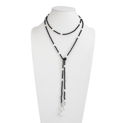Long Black Beaded Necklace for Women Trendy Gold Beads Slip Tie Pearl Wrap Necklace Layered Silver Lariat Necklaces with Pearl Drop Y Statement Necklaces Versatile Elegant Jewelry - color: Black