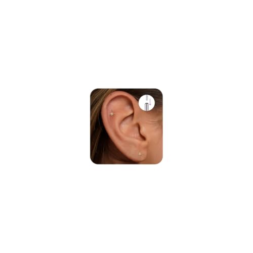 Flat Back Stud Cartilage Earrings Tragus Helix Piercing Jewelry Titanium | Conch Nose Piercing,Small Tiny Studs for Women,Threadless/Internally Threaded,Surgical Steel,Hypoallergenic,16G/18G/20G - color: Gold02-Starburst (6mm*1+8mm*1), size: Threadless-16