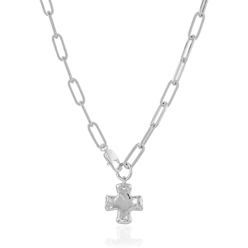 Bheop Chunky Cross Necklace for Women, 14K Gold Silver Statement Necklace | Sturdy Paperclip Chain, Hammered Pendant, Vintage Charm, Trendy Costume Jewelry, Faith Christian Religious Gift, Non Tarnish - style: SL-Cross Necklace(0.8 inch Pendant)
