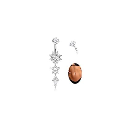 14G G23 Titanium Dangle Belly Button Rings for Women CZ Round Belly Rings Internally Threaded Flower Navel Ring Hypoallergenic Curved Barbell Belly Piercing Jewelry - style: Flower-Silver