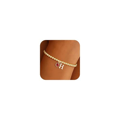 Birthstone Initial Beaded Bracelets for Women - Dainty 14K Gold Plated 12 Months Birthstone Charm Letter A-Z Bracelet Trendy Personalized Birthday Jewelry Gifts for Women Teen Girls - color: Jan-Garnet, style: H