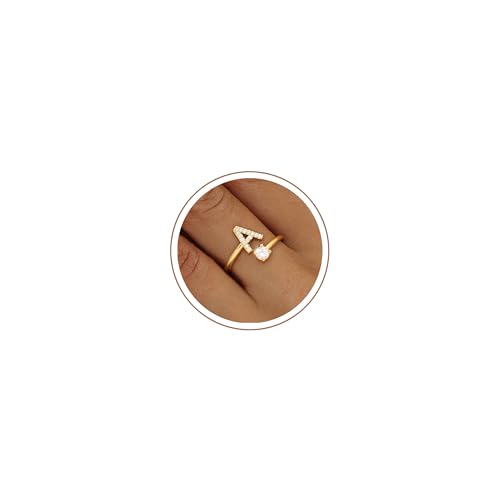 KOHOTA Gold Silver Initial Rings for Women Non Tarnish Adjustable Ring | 14K Gold Plated Stackable Ring for Women Trendy, Letter CZ Thumb Pinky Ring, Dainty Open Birthday Jewelry Gifts - color: GOLD-A
