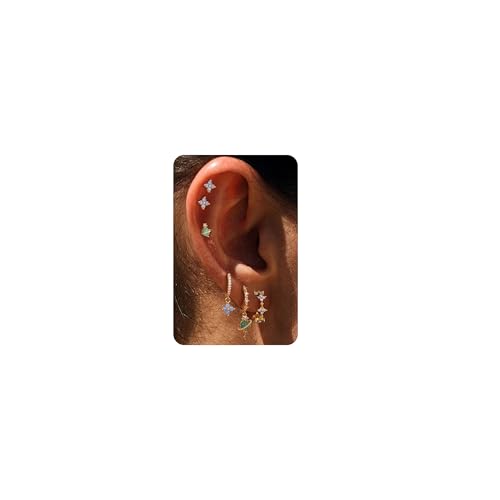 Sterling Silver Earrings Stacks for Women, Hypoallergenic Cartilage Earring | Dainty Stud Huggie Hoop Dangle Chain Earrings, 14K Gold/White Gold Plated - color: 6Pcs Gold Flower(Single Earring Not a Pair)