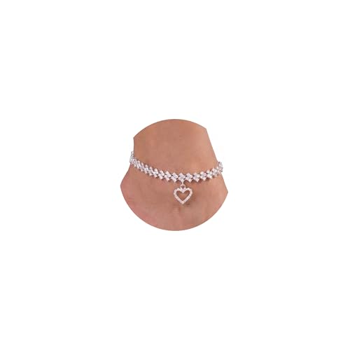 Fesciory Silver Ankle Bracelets for Women, Adjustable Rhinestone Pendant Tennis Anklet, Butterfly Heart Infinite Diamond Summer Beach Foot Chain Jewelry Gifts - style: Hollow Heart Pendant