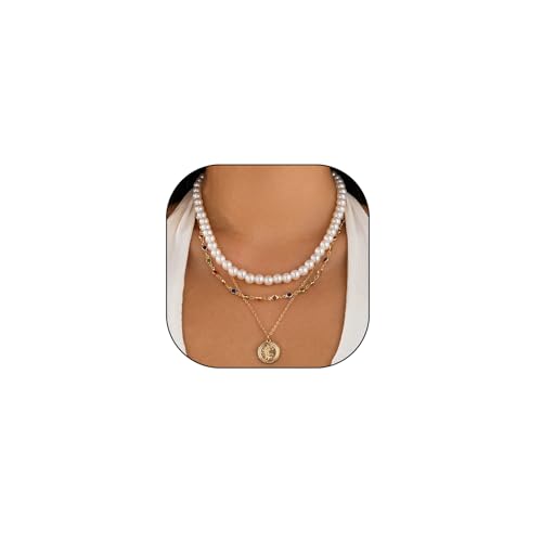 Layered Gold Necklaces for Women Stackable Pearl Coin Choker Necklace Set Colorful Cubic Zirconia Chain Necklaces Trendy Birthday Jewelry Gifts