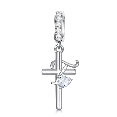 PROESS Initial Cross Charm 925 Sterling Silver Letter A B C Pendant Dangle Charm Beads for Bracelet Initial Cross Jewelry Gifts for Women - style: 20-T