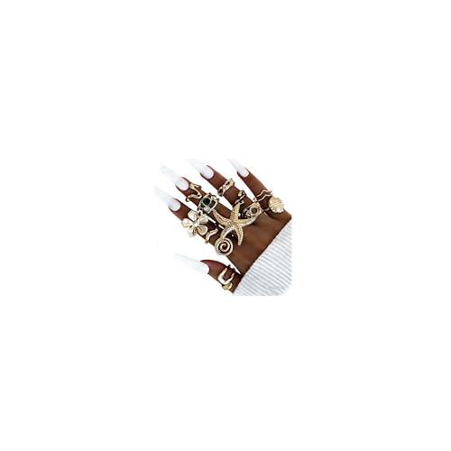 Chunky Gold Rings for Women Non Tarnish, Baroque Pearl Flower Tiger's Eye Stone Rings Adjustable Stacking Statement Rings Set Fashion Jewelry Gifts - style: Starfish/Flower/Shell