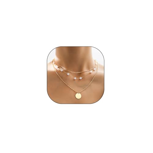3Pcs Gold Circle Pendant Necklace Set Dainty Layered Stacked Pearls Chain Choker Necklace Trendy Birthday Jewelry Accessory Gift for Women - color: Gold Pearl