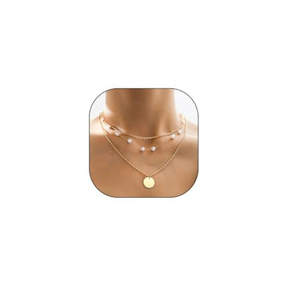 3Pcs Gold Circle Pendant Necklace Set Dainty Layered Stacked Pearls Chain Choker Necklace Trendy Birthday Jewelry Accessory Gift for Women - color: Gold Pearl