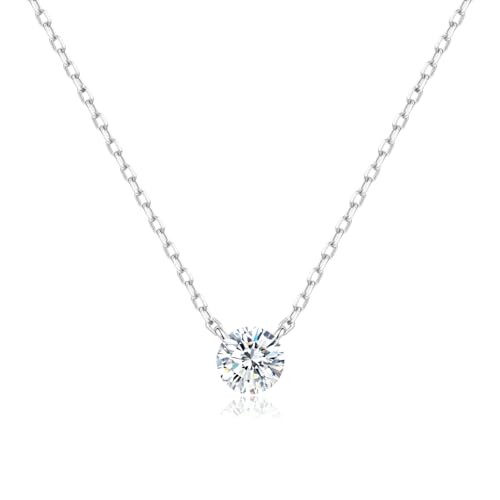 925 Sterling Silver Necklace for Women 6.5mm Round Cubic Zirconia Necklace Solitaire Pendant Adjustable 16-18 Inch Silver Chain Dainty CZ Jewelry Gift for Anniversary Birthday Wedding