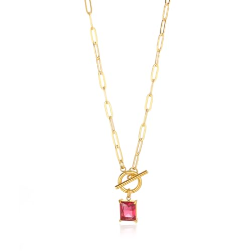 Diamond Necklaces for Women Natural Stone Paperclip Toggle Necklace 14K Gold Plated Emerald Birthstone Necklace for Women Paper Clip Chain Blue Green Cubic Zirconia Pendant Birthday Gifts for Women Mother Jewelry - color: 10. October(Tourmaline)