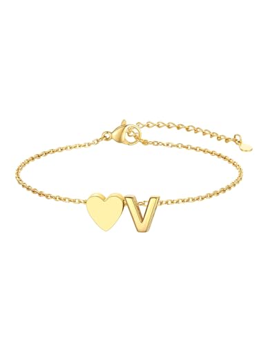 KeyStyle Initial Heart Bracelet for Women Waterproof Stainless Steel Chain | 14K Gold Plated /Silver A-Z Letter Adjustable Charm Bracelet, Hypoallergenic Non Tarnish Dainty Gift for Everyday Wear - color: 14K Gold Plated-V