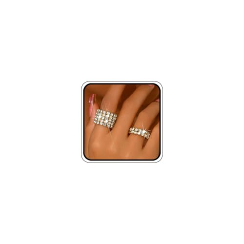 Fashion Silver Bling Rhinestone Crystal Stretch Rings Set for Women | Sparkly Rhinestone Elastic Finger Nail Ring Glitter Stretchy Stack Statement Knuckle Rings Cocktail Jewelry Accessories Pack - color: Gold