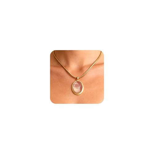 Sonateomber Gold Stone Pendant Necklace for Women, Chunky Statement Dainty Heart Oval Natural Gemstone Dangle Necklaces Wedding Prom Accessories Fashion Jewelry Gift - color: Pink Cat's Eye