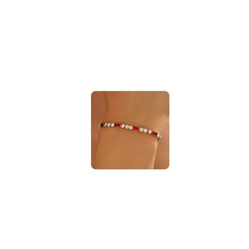 Tennis Bracelet for Women 18K Gold Plated White Red Green Black Blue Pink 3mm Cubic Zirconia Bracelet Dainty Diamond Adjustable Bracelet Trendy Jewelry Gift - color: Red Tennis-Gold
