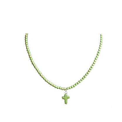 Small Dainty Cross Necklace Pendant Bohemian Turquoise Seed Bead Beaded Necklace Choker for Women Men Faith Jewelry Gift - color: 01 Green