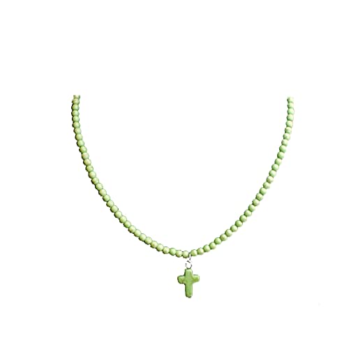 Small Dainty Cross Necklace Pendant Bohemian Turquoise Seed Bead Beaded Necklace Choker for Women Men Faith Jewelry Gift - color: 01 Green